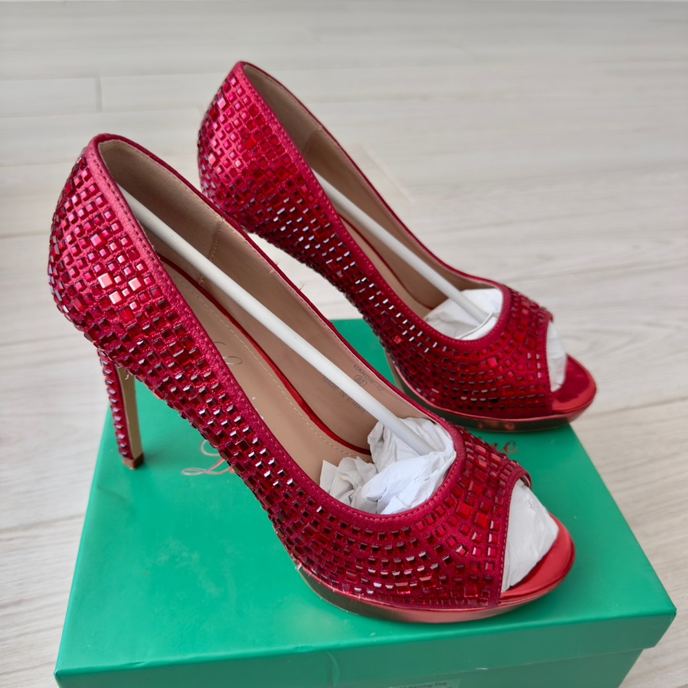 Lauren Lorraine Sparkling Red Peep-Toe Heels